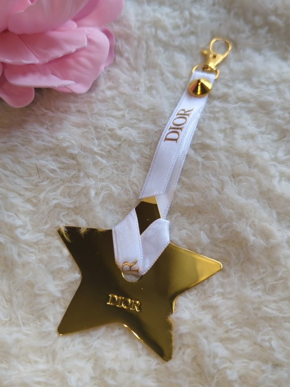 Dior Authentic White Ribbon with Gold Star Bag Charm Clip Added Collectible